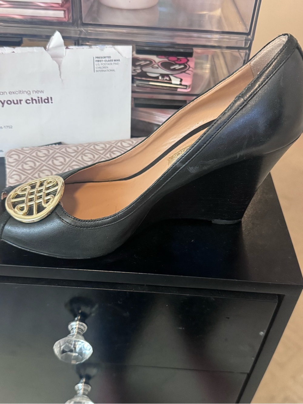 Classic Black Wedge Pump with Gold Emblem